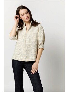 Ann Mashburn Violetta Top Sz L Natural Blue Metallic Tweed